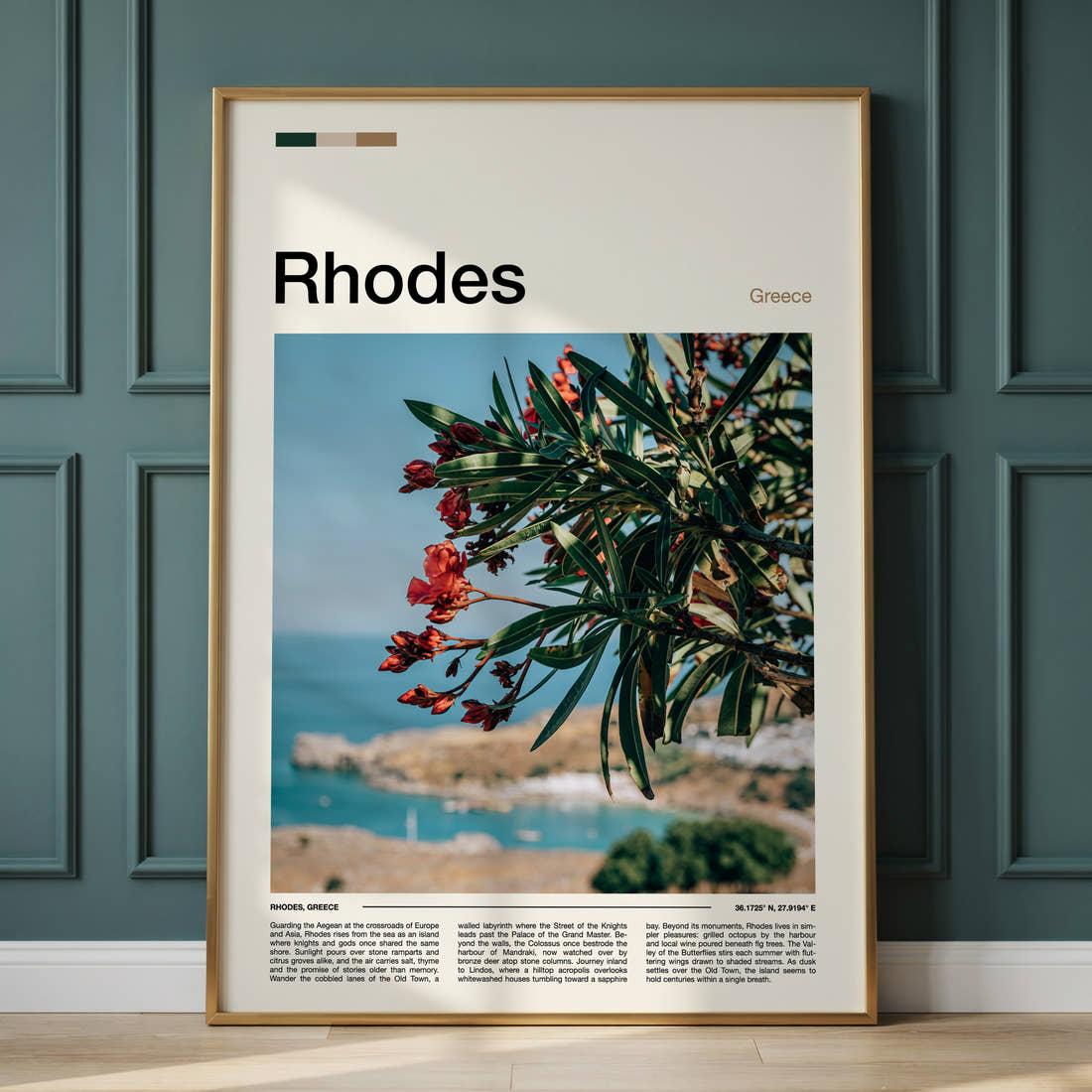 Rhodes Oleander Over Bay Travel Print framed on the wall of a calm, neutral bedroom