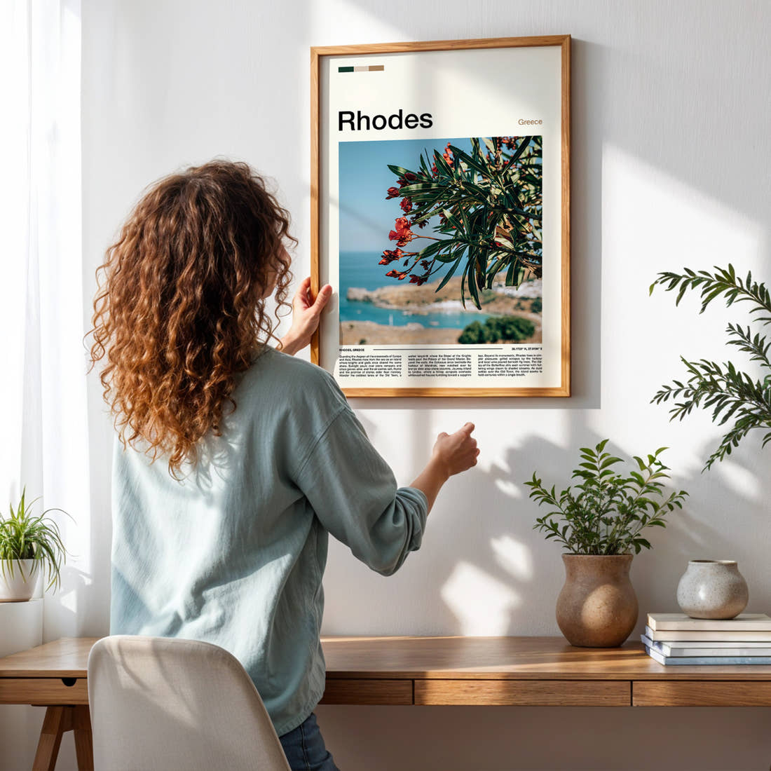 Rhodes Oleander Over Bay Travel Print framed on a pale wall beside houseplants