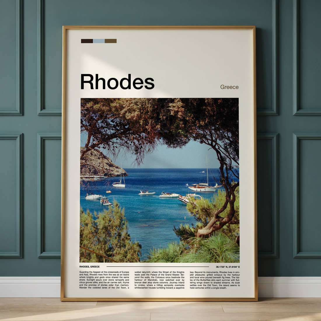 Rhodes Pine-Framed Harbour Bay Travel Print framed on the wall of a calm, neutral bedroom