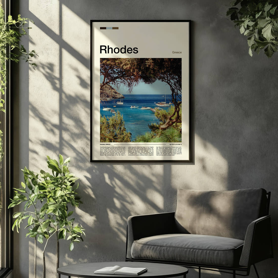 Rhodes Pine-Framed Harbour Bay Travel Print framed on the wall of a relaxed living room