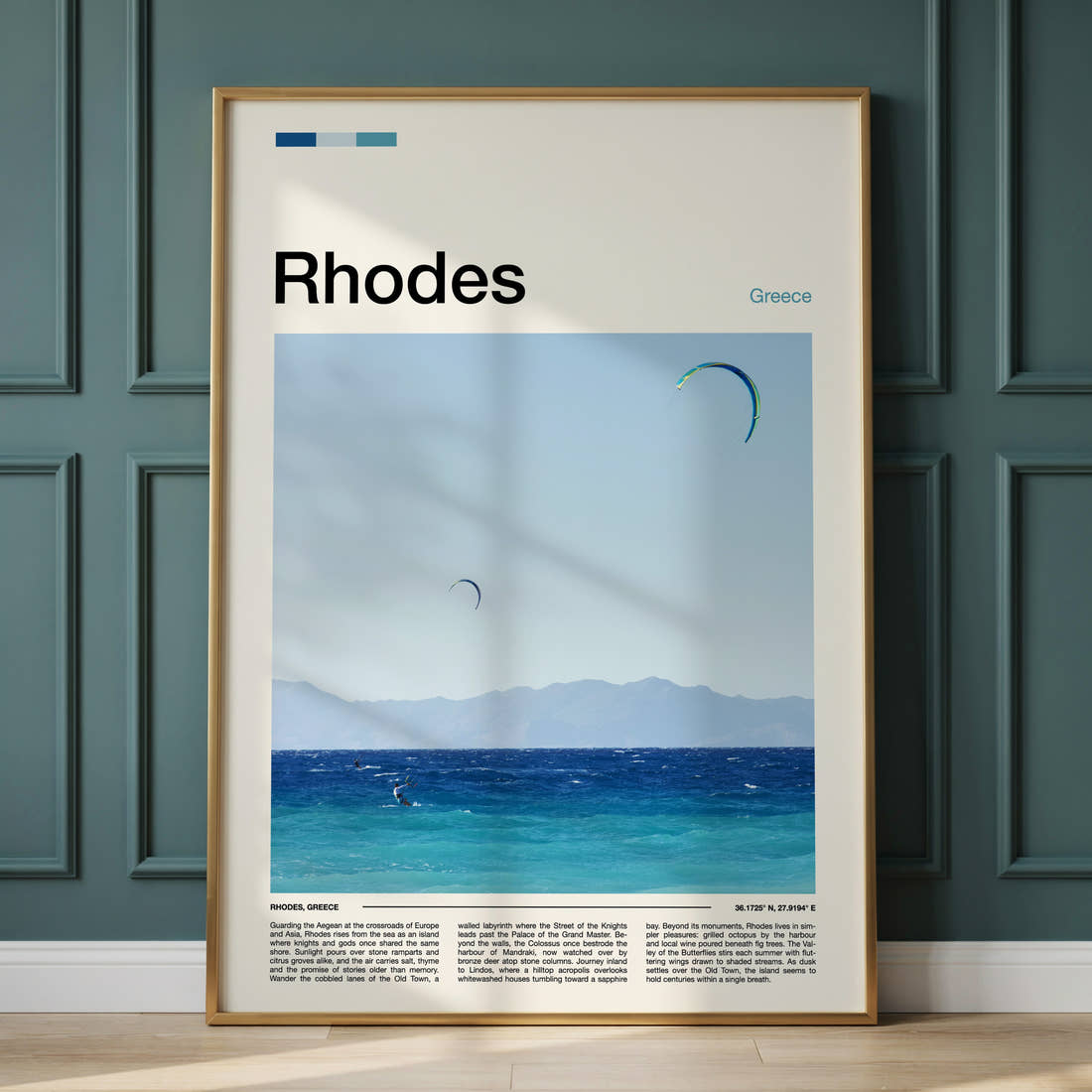 Rhodes Kitesurfers Over Sea Travel Print framed on the wall of a calm, neutral bedroom