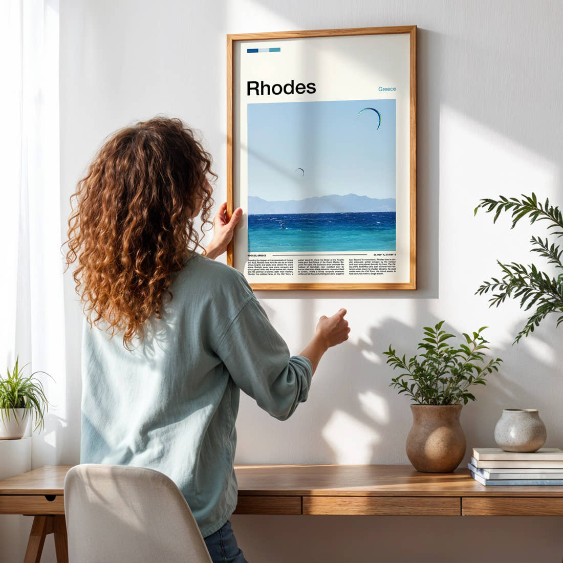 Rhodes Kitesurfers Over Sea Travel Print framed on a pale wall beside houseplants