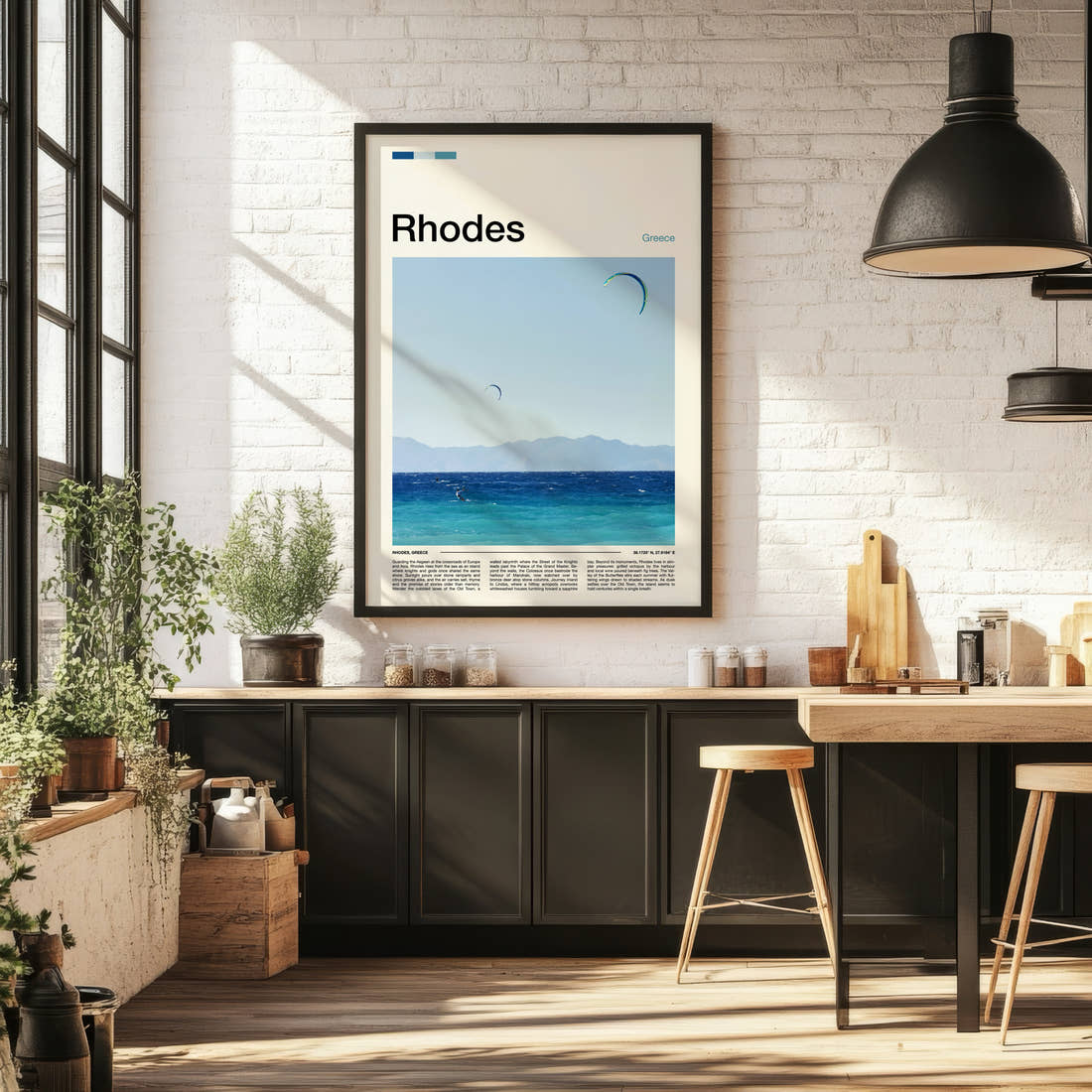 Rhodes Kitesurfers Over Sea Travel Print framed on the wall of a bright kitchen and dining space