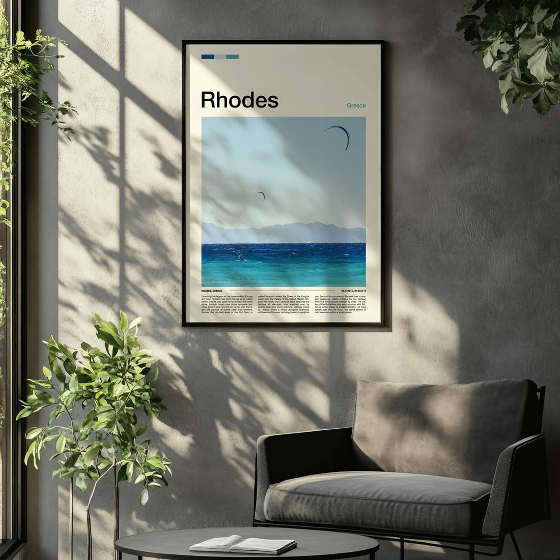Rhodes Kitesurfers Over Sea Travel Print framed on the wall of a relaxed living room