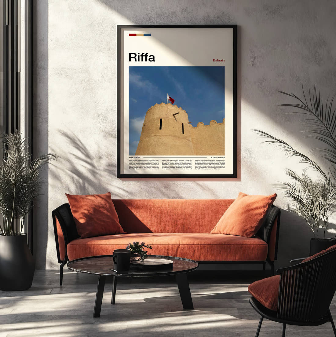 Riffa Fort With Flag Travel Print framed on the wall of a modern living room