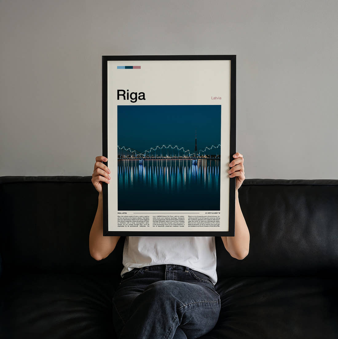 Riga Bridge Lights Reflected Travel Print held up by hand to show the size of the print