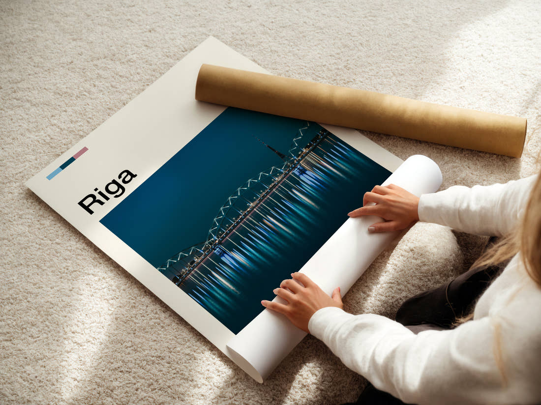 Riga Bridge Lights Reflected Travel Print being unrolled from its postal tube