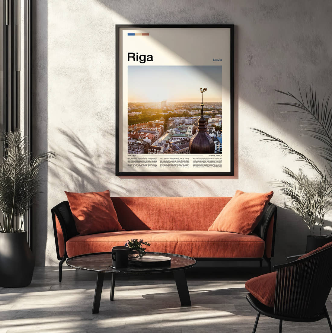 Riga Rooftops And Weathervane Travel Print framed on the wall of a modern living room
