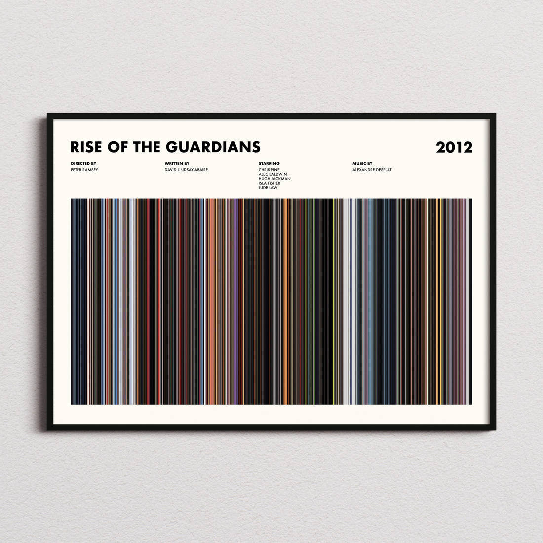Rise of the Guardians Movie Barcode Poster framed and photographed straight on