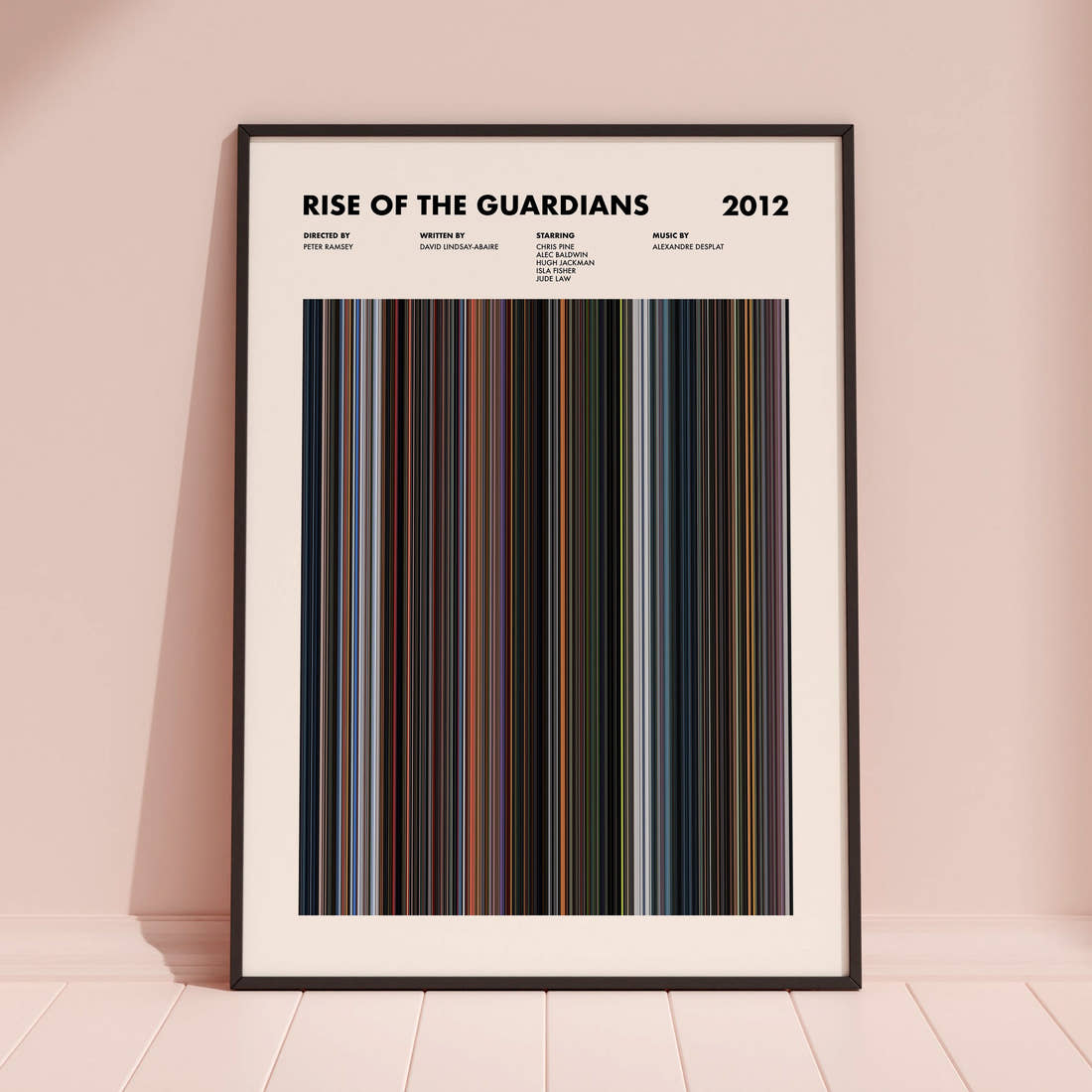Rise of the Guardians Movie Barcode Poster framed and leaning against a coloured wall
