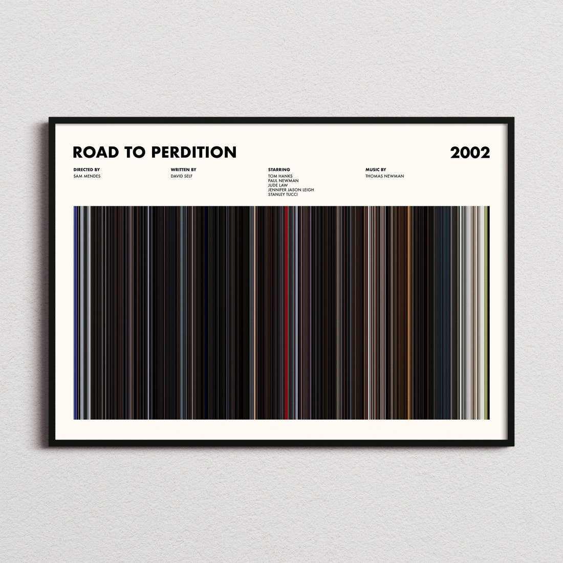 Road To Perdition Movie Barcode Poster framed and photographed straight on