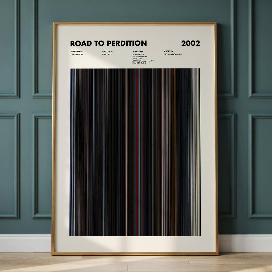 Road To Perdition Movie Barcode Poster framed and leaning against a panelled wall