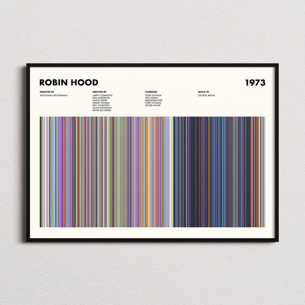 Robin Hood Movie Barcode Poster framed and photographed straight on