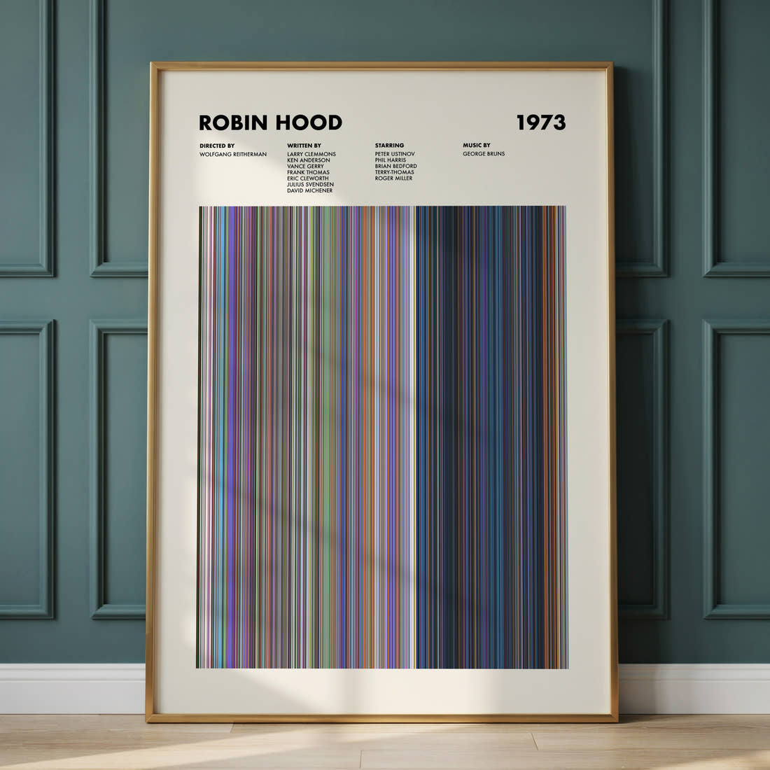 Robin Hood Movie Barcode Poster framed and leaning against a panelled wall