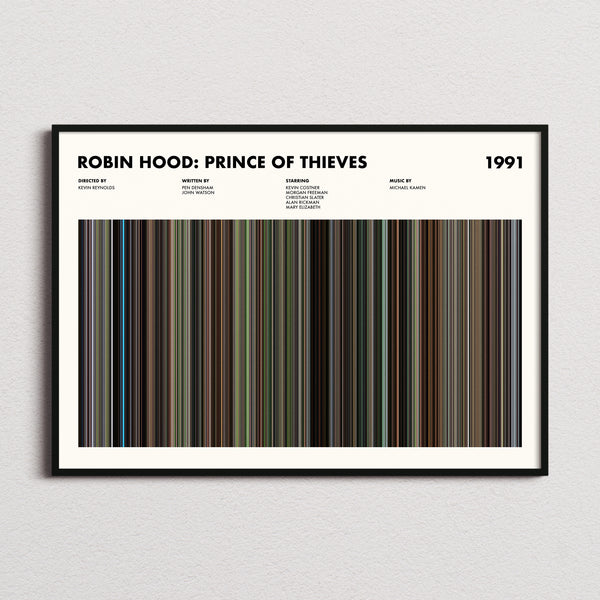 Robin Hood: Prince of Thieves Movie Barcode Poster framed and photographed straight on