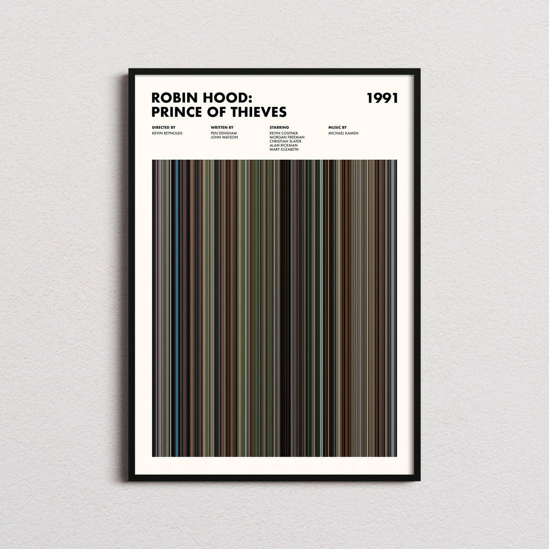 Robin Hood: Prince of Thieves Movie Barcode Poster framed on a plain studio wall