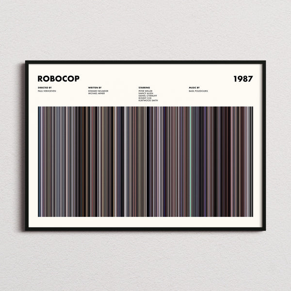 Robocop 1987 Movie Barcode Poster framed and photographed straight on