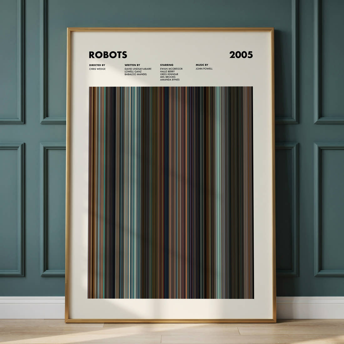 Robots 2005 Movie Barcode Poster framed and leaning against a panelled wall