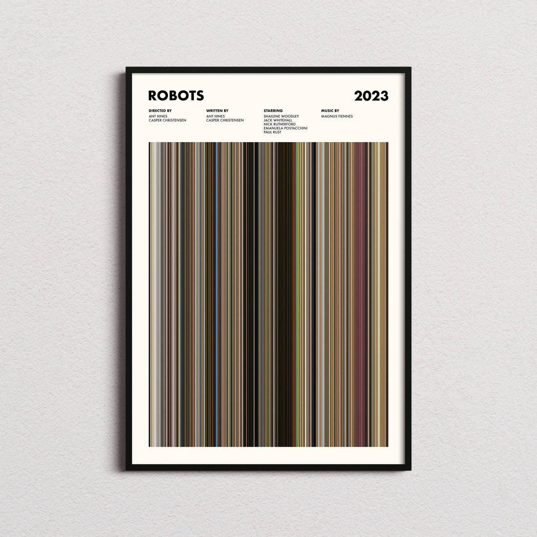 Robots 2023 Movie Barcode Poster framed on a plain studio wall