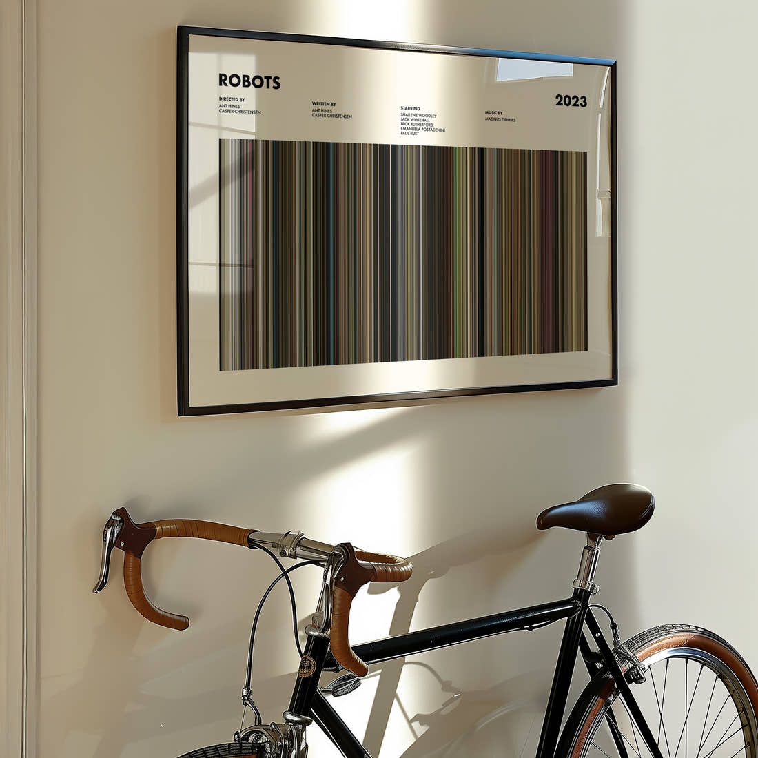 Robots 2023 Movie Barcode Poster framed on the wall of a styled room setting
