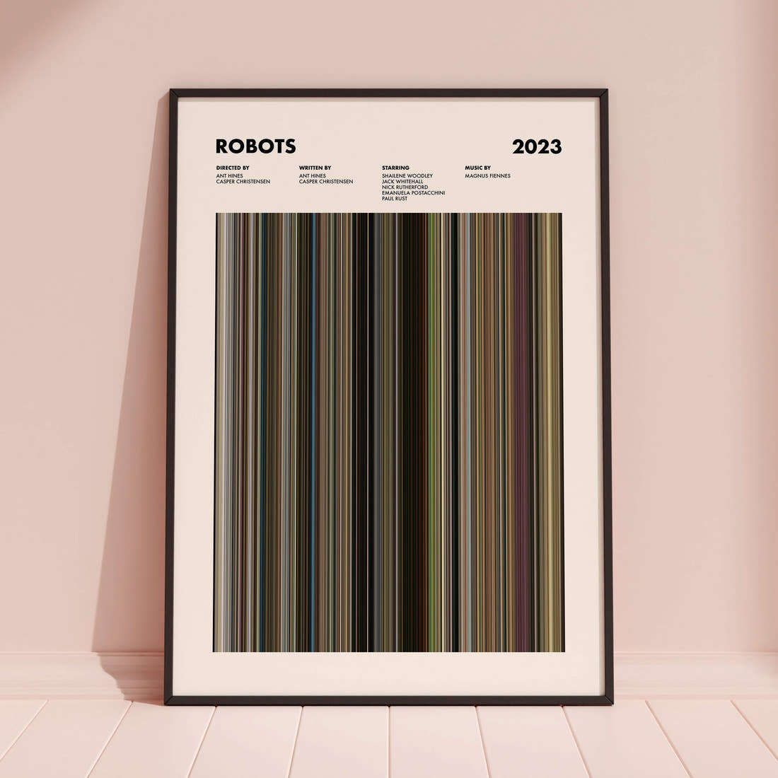 Robots 2023 Movie Barcode Poster framed and leaning against a coloured wall