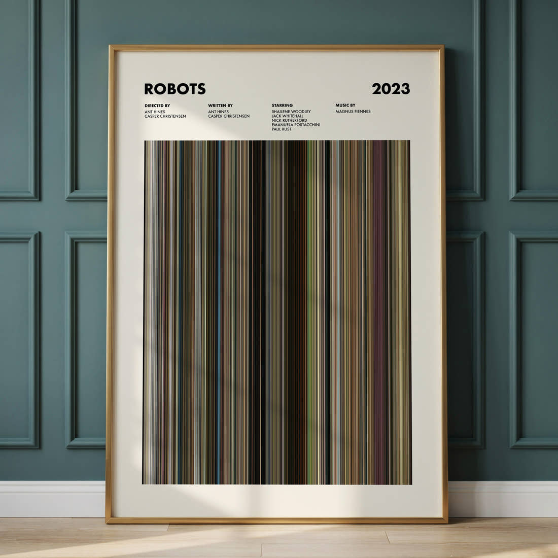 Robots 2023 Movie Barcode Poster framed and leaning against a panelled wall