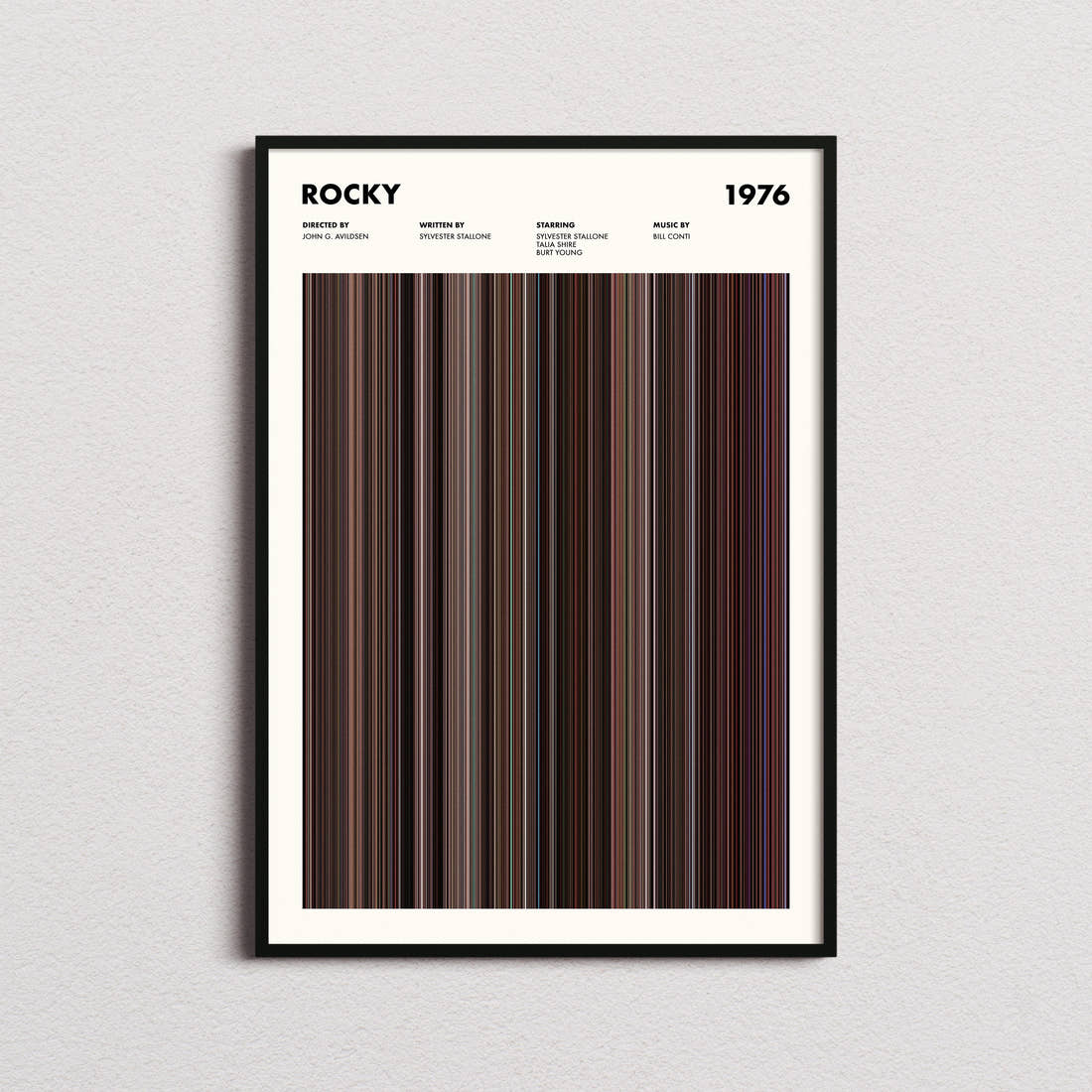 Rocky Movie Barcode Poster framed on a plain studio wall