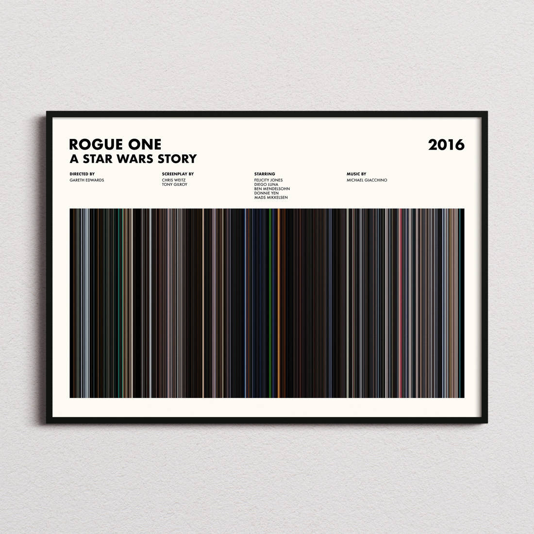 Rogue One: A Star Wars Story Movie Barcode Poster framed and photographed straight on
