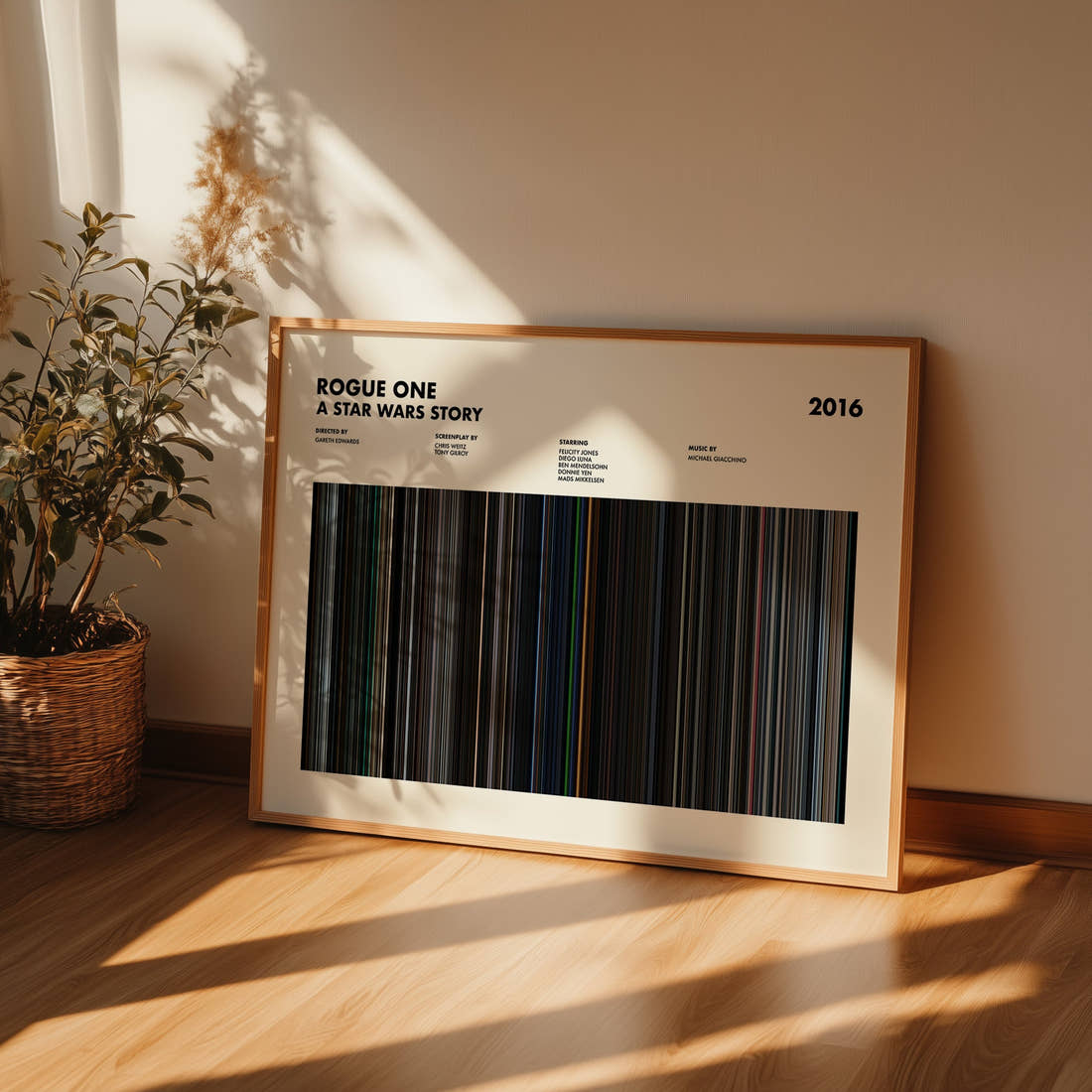 Rogue One: A Star Wars Story Movie Barcode Poster framed and leaning against a wall on a wooden floor