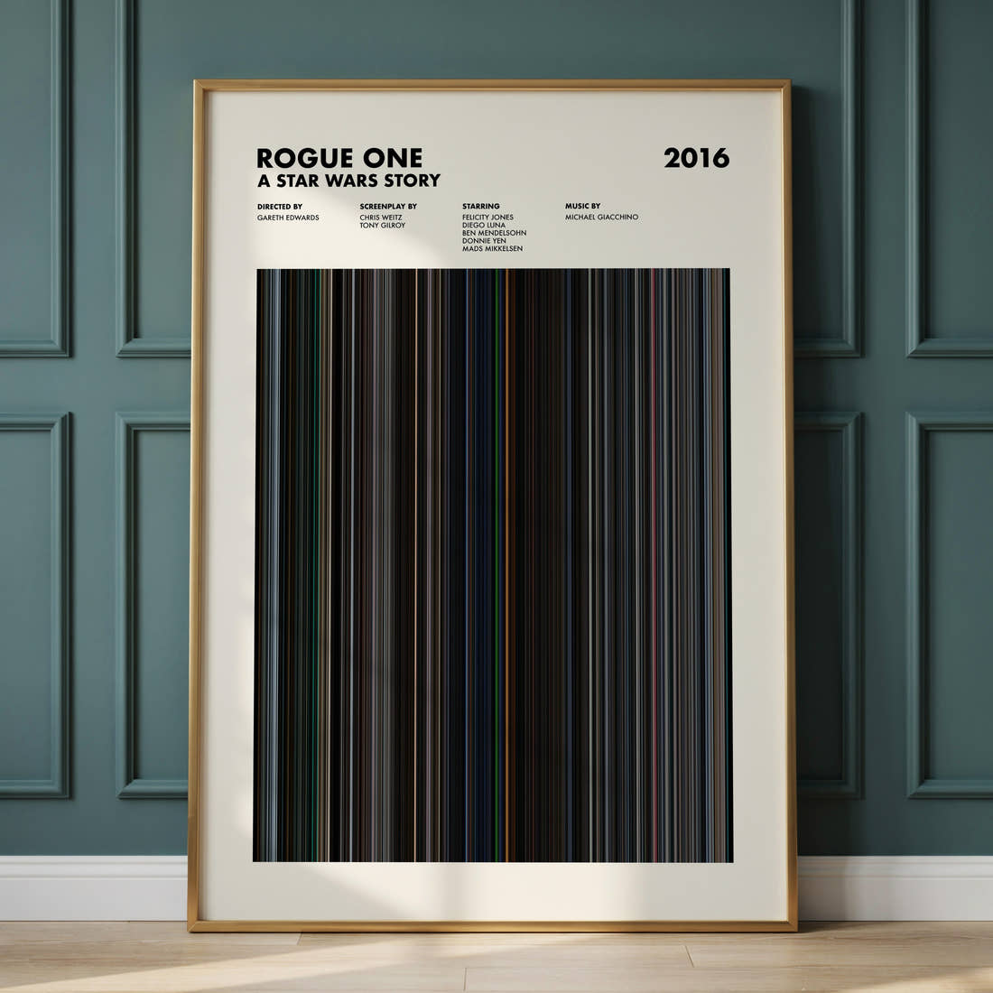 Rogue One: A Star Wars Story Movie Barcode Poster framed and leaning against a panelled wall