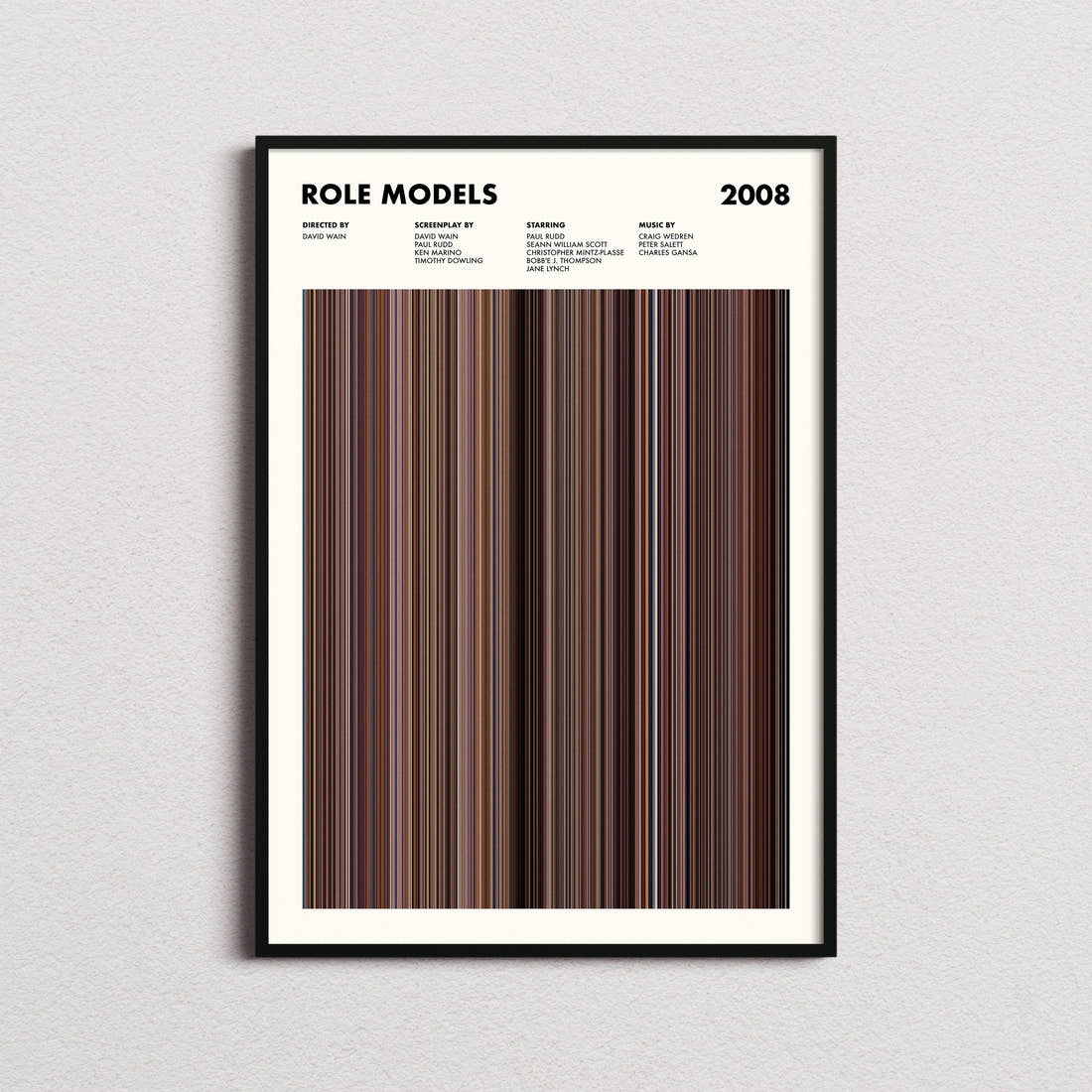 Role Models Movie Barcode Poster framed on a plain studio wall