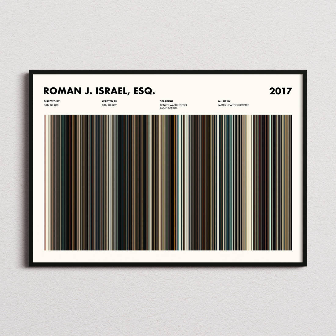 Roman J. Israel, Esq. Movie Barcode Poster framed and photographed straight on