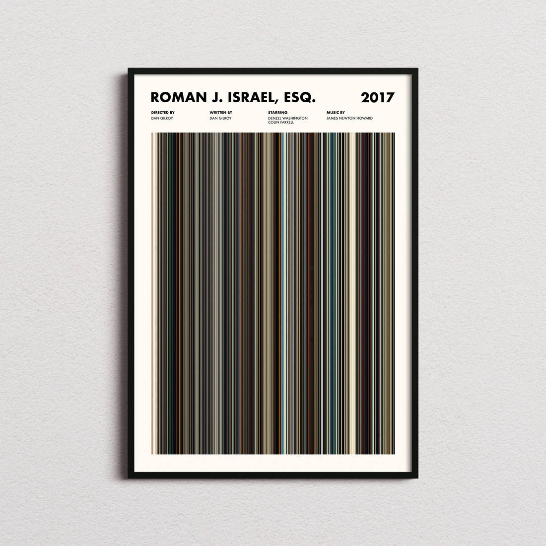 Roman J. Israel, Esq. Movie Barcode Poster framed on a plain studio wall