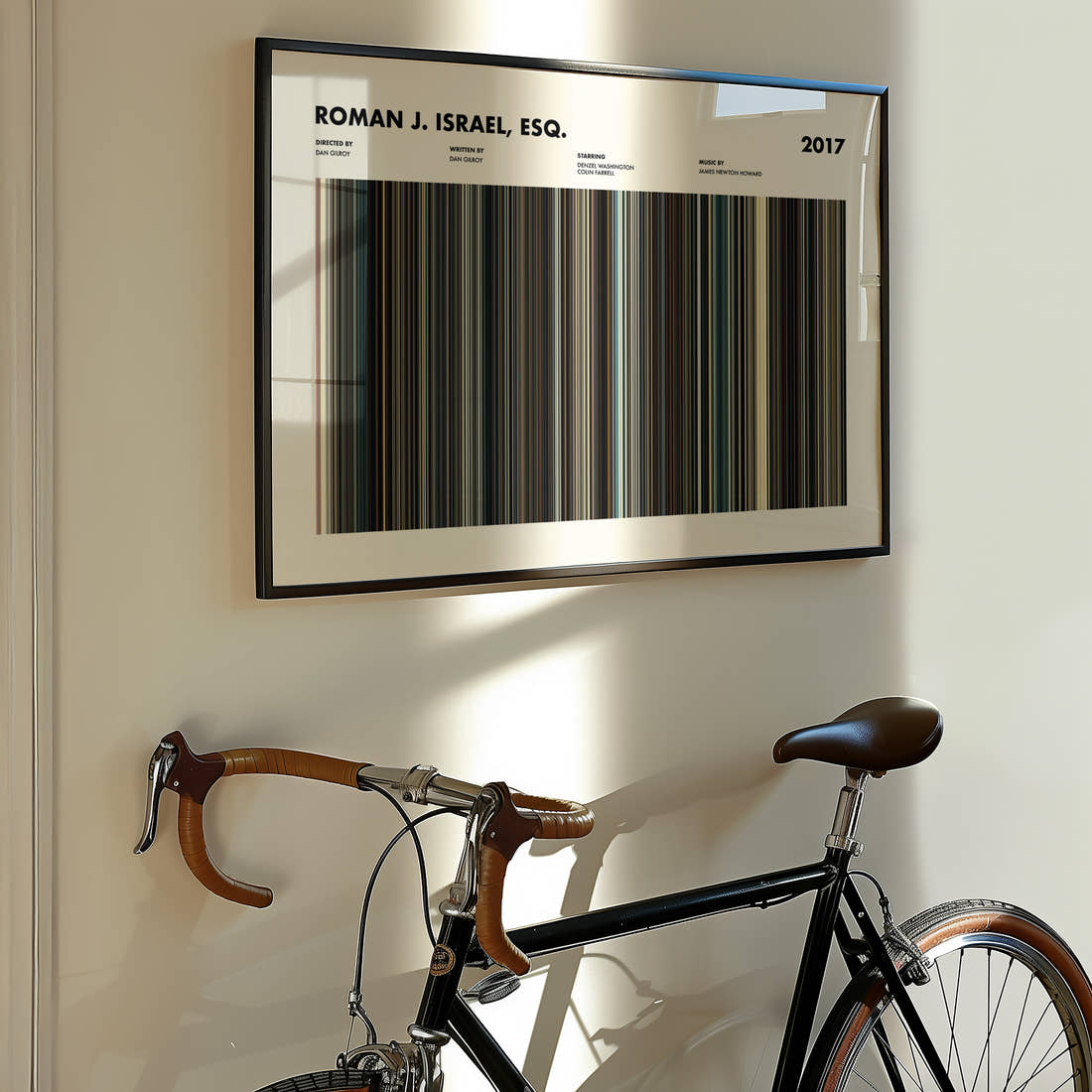 Roman J. Israel, Esq. Movie Barcode Poster framed on the wall of a styled room setting