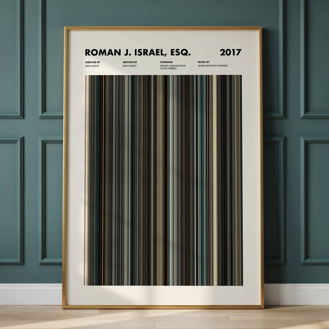 Roman J. Israel, Esq. Movie Barcode Poster framed and leaning against a panelled wall