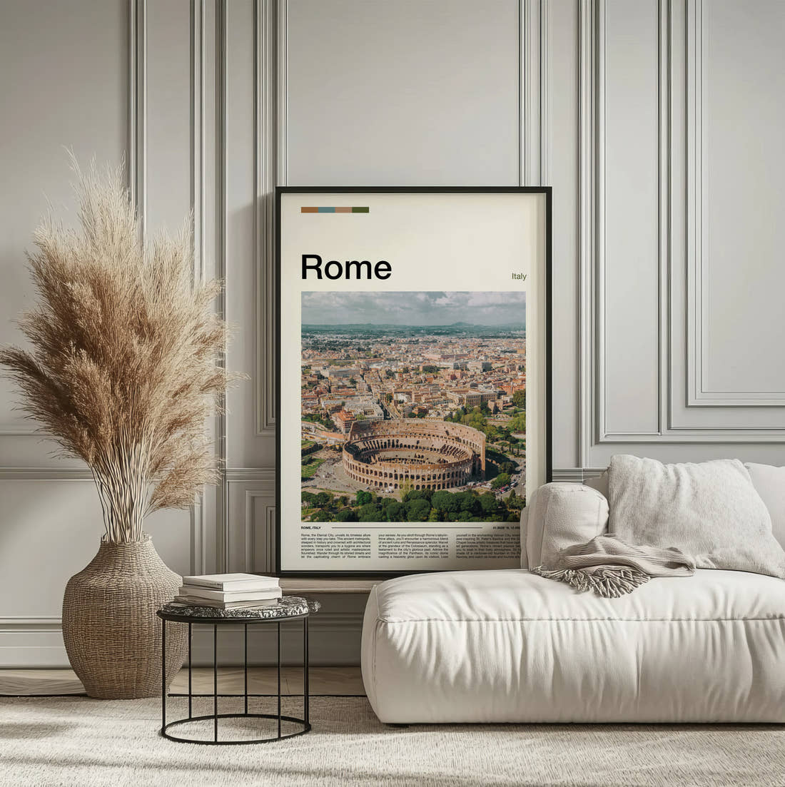 Rome Colosseum Travel Print framed on the wall of a calm, neutral bedroom