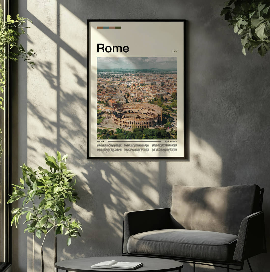 Rome Colosseum Travel Print framed on the wall of a relaxed living room