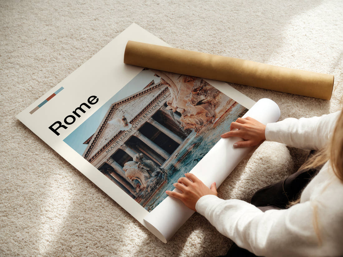 Rome Pantheon Travel Print being unrolled from its postal tube