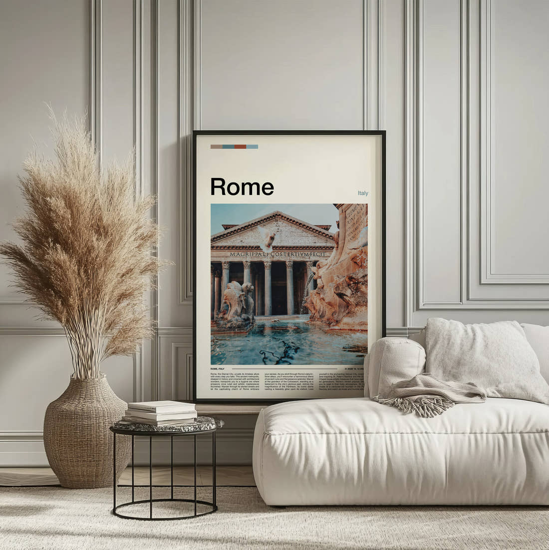 Rome Pantheon Travel Print framed on the wall of a calm, neutral bedroom