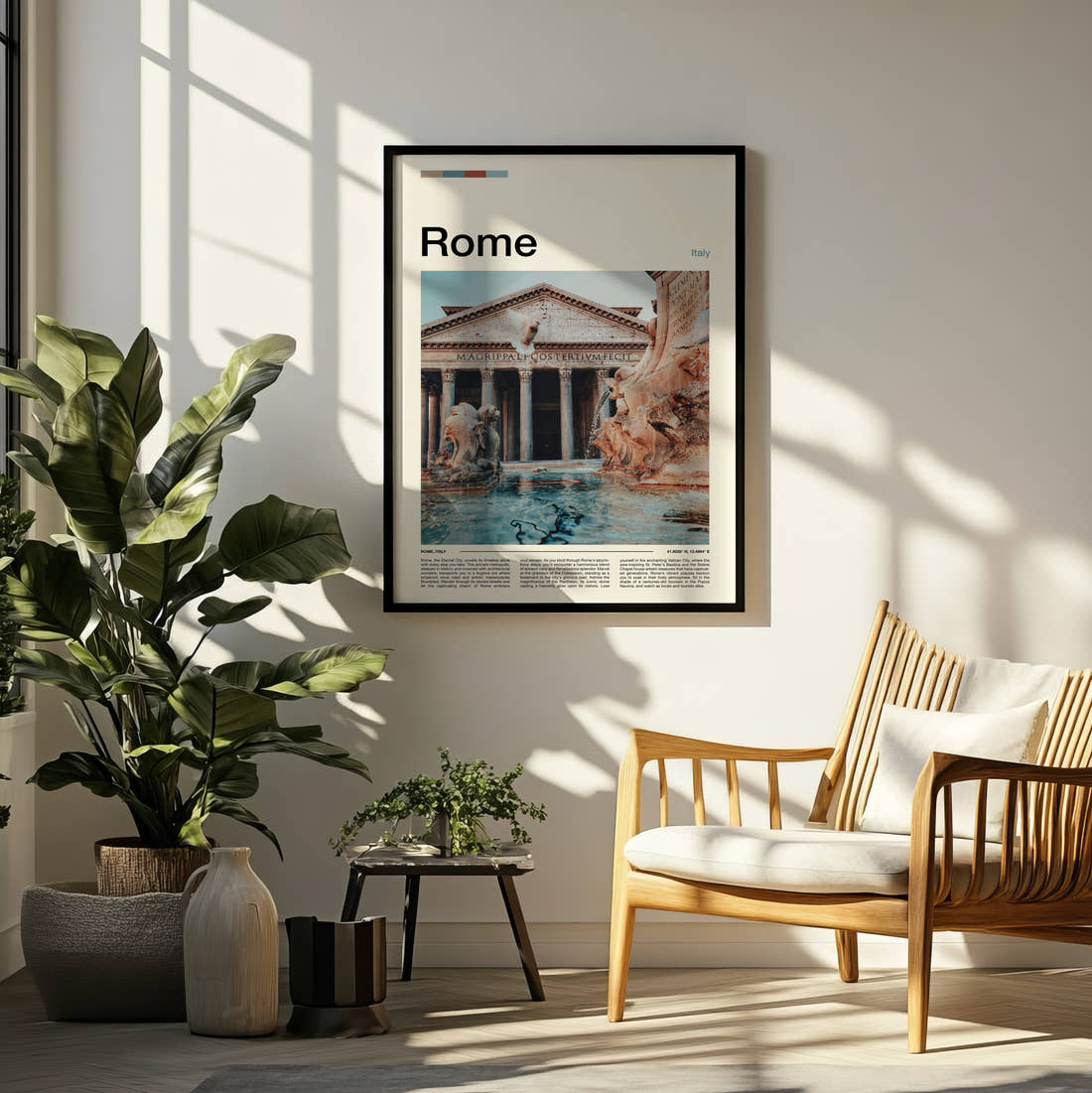 Rome Pantheon Travel Print framed on a pale wall beside houseplants