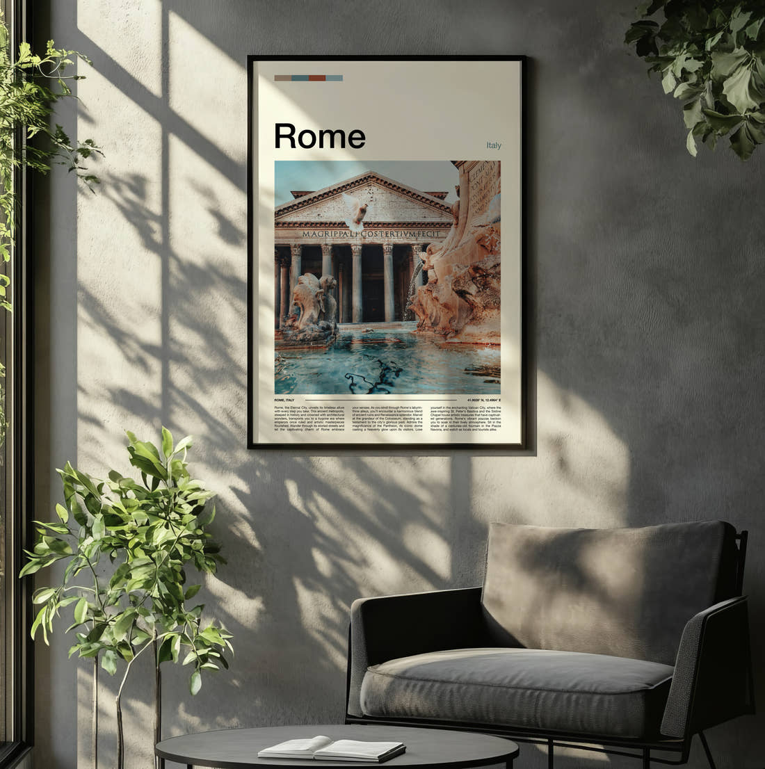 Rome Pantheon Travel Print framed on the wall of a relaxed living room