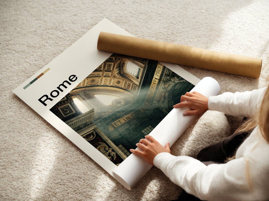 Rome St Peter's Basilica Interior Travel Print being unrolled from its postal tube