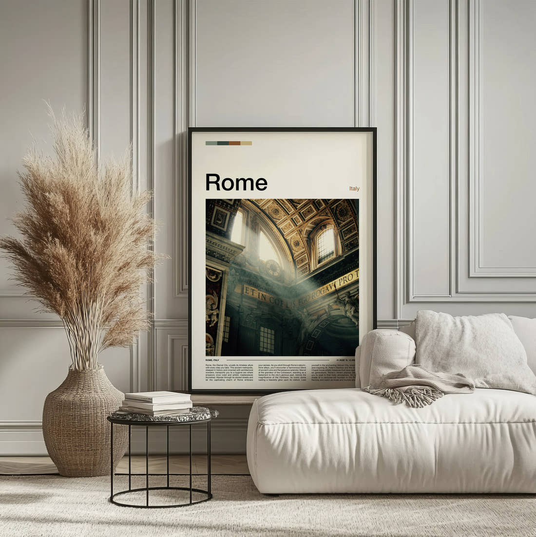 Rome St Peter's Basilica Interior Travel Print framed on the wall of a calm, neutral bedroom