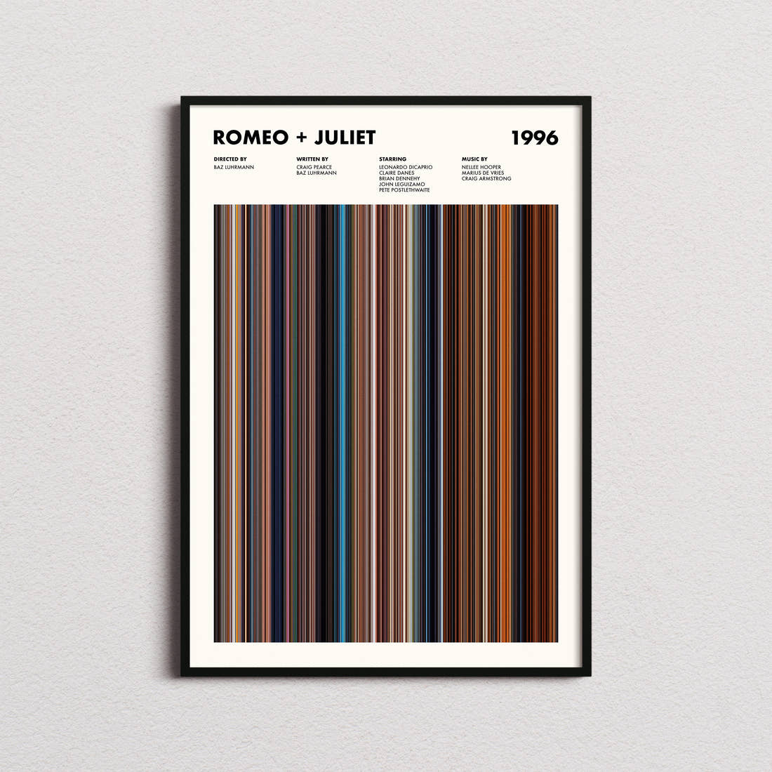Romeo + Juliet Movie Barcode Poster framed on a plain studio wall