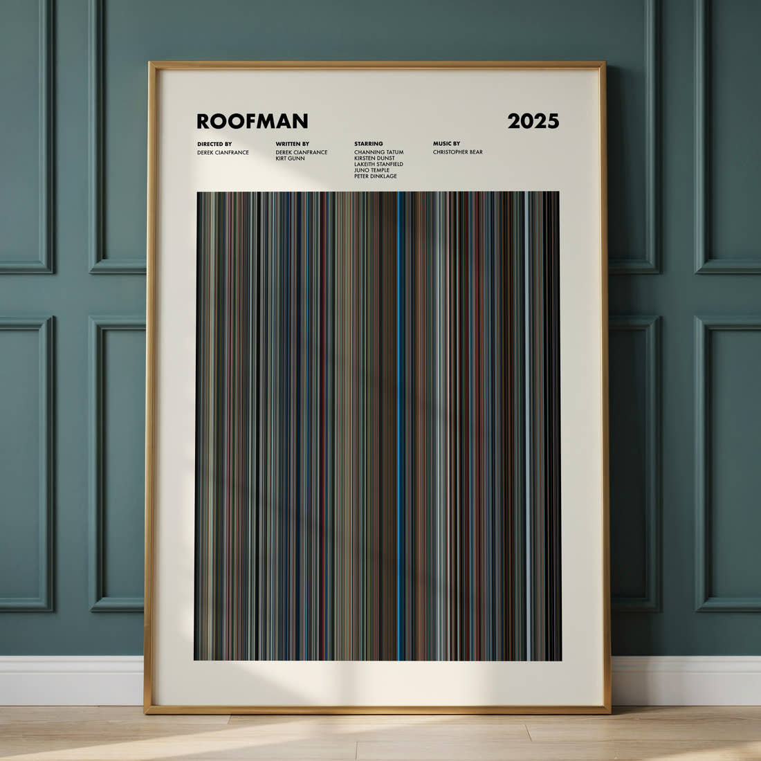 Roofman Movie Barcode Poster framed and leaning against a panelled wall