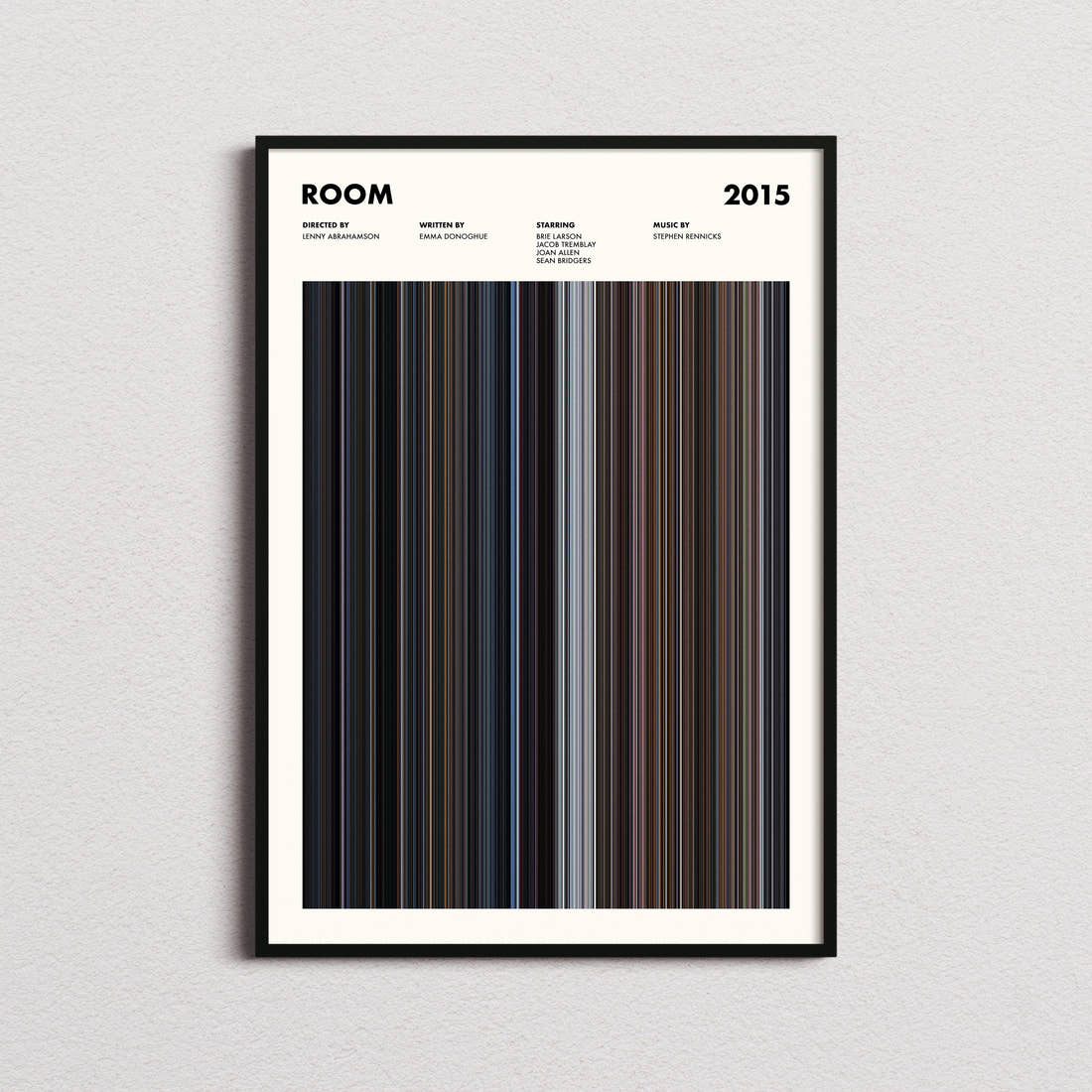 Room Movie Barcode Poster framed on a plain studio wall