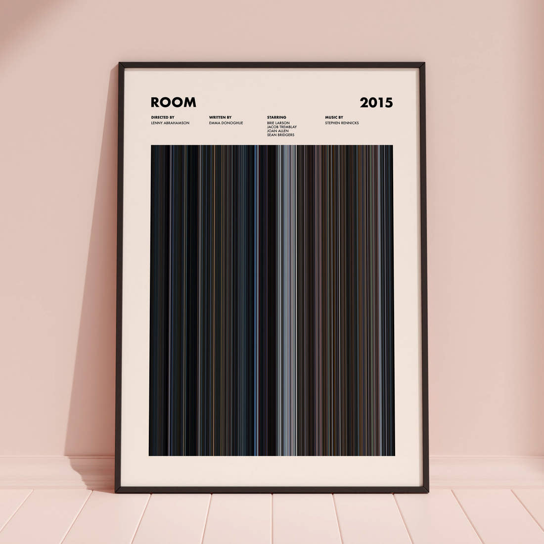 Room Movie Barcode Poster framed and leaning against a coloured wall