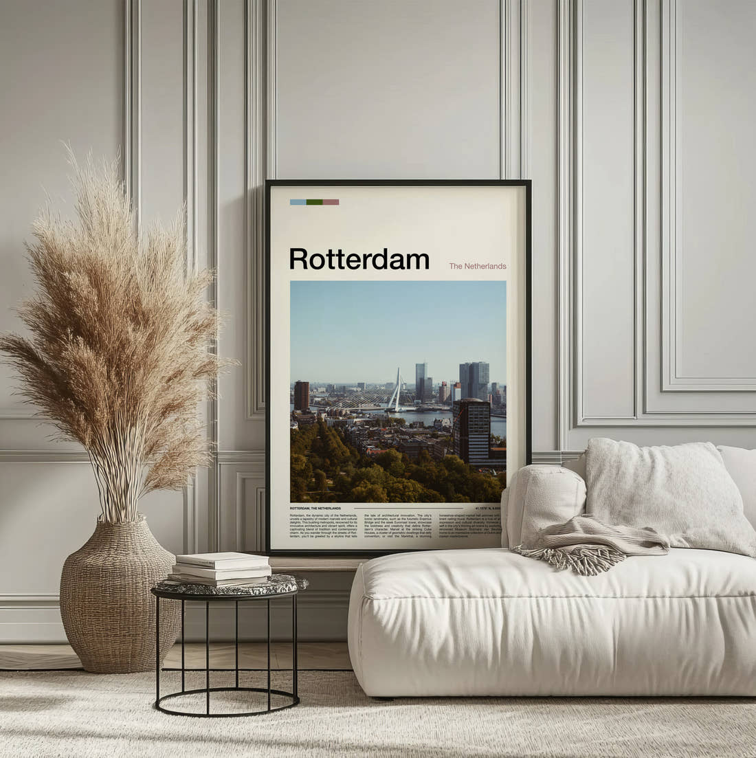 Rotterdam City Skyline Travel Print framed on the wall of a calm, neutral bedroom