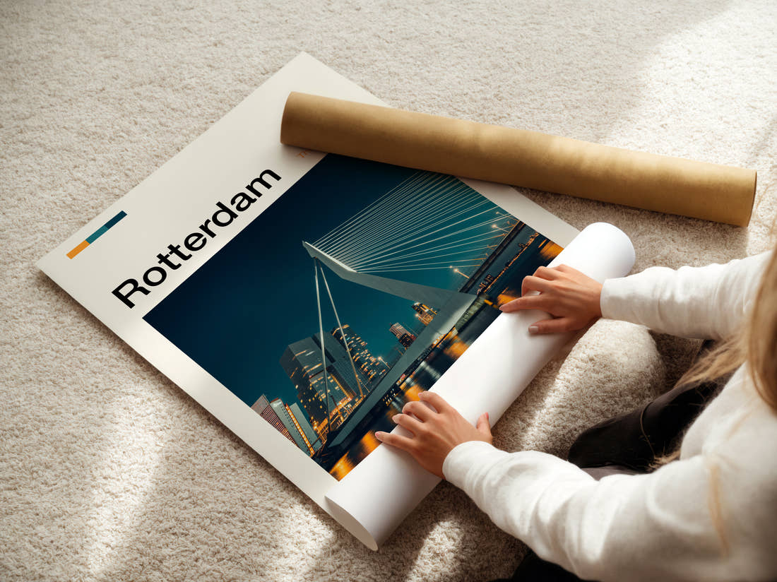 Rotterdam Erasmusbrug At Night Travel Print being unrolled from its postal tube