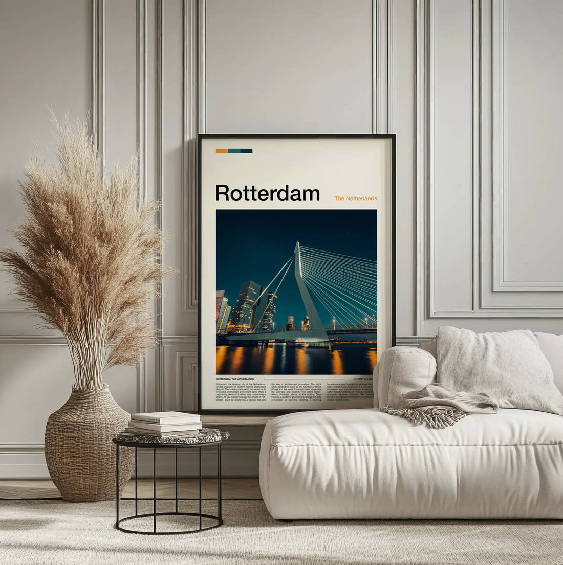 Rotterdam Erasmusbrug At Night Travel Print framed on the wall of a calm, neutral bedroom